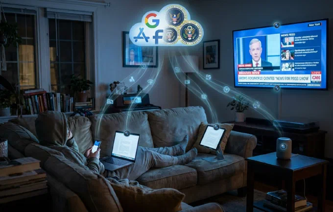 En person i hættetrøje ligger i en sofa med telefon, bærbar, tablet, fjernsyn og smarthøjttaler omkring sig. Lysende datastrømme løber fra hver skærm op i en sky, hvor logoerne fra Google, Apple og Facebook står side om side med amerikanske myndighedssegl.