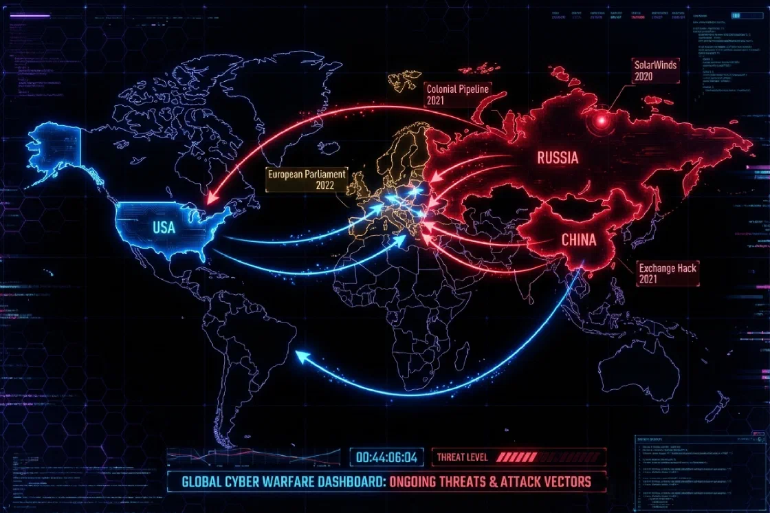 Verdenskort opsat som et cyberkrigs-dashboard. Blå pile udgår fra USA, røde fra Rusland og Kina, og de krydser hinanden over Europa. Påskrifter markerer SolarWinds 2020, Colonial Pipeline 2021, Exchange Hack 2021 og Europa-Parlamentet 2022.