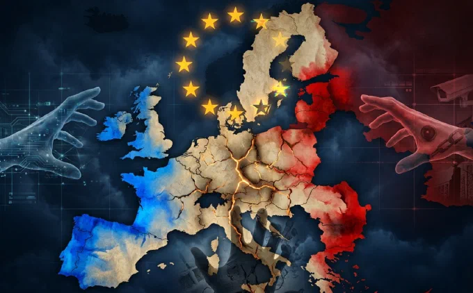 Kort over Europa i sandfarve med EU’s stjernekrans over sig. Kontinentet er revnet på midten med glødende sprækker. Fra venstre griber en blå digital hånd ind over Vesteuropa, fra højre en rød hånd ind over Østeuropa.