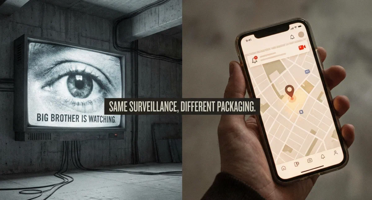 Todelt billede. Til venstre en teleskærm i et betonrum, der viser et øje over teksten »Big Brother is watching«. Til højre en hånd, der holder en telefon med et kort. Hen over begge står »Same surveillance, different packaging«.