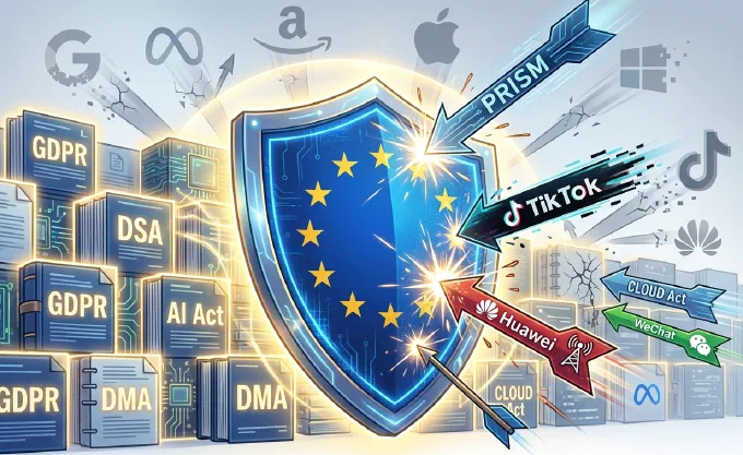 Tegning af et blåt EU-skjold med gule stjerner, der tager imod pile mærket PRISM, CLOUD Act, TikTok, Huawei og WeChat. Til venstre står stabler af lovbøger mærket GDPR, DSA, DMA og AI Act; i baggrunden smuldrer logoerne fra de store teknologiselskaber.