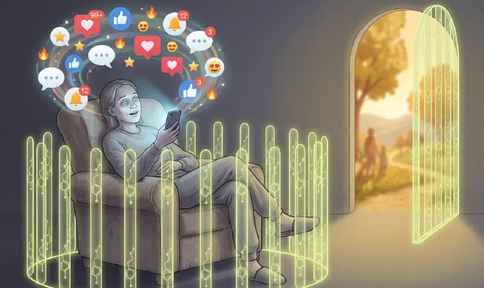 Tegning af en person i en lænestol med telefon, omgivet af en sværm af likes, hjerter og notifikationer. Rundt om stolen står et lysende gitter af tremmer formet som dopaminmolekyler. Til højre står en gitterlåge åben ud mod et solbeskinnet landskab.