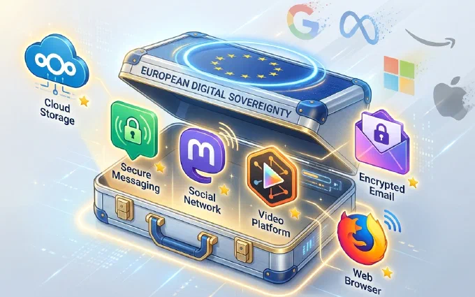 Tegning af en åben kuffert mærket »European Digital Sovereignty«. Op af den stiger ikoner for skylagring, krypteret besked, socialt netværk, videoplatform, krypteret e-mail og webbrowser, hver mærket med en gul stjerne. Ude i kanten falmer logoerne fra Google, Meta, Amazon, Microsoft og Apple.