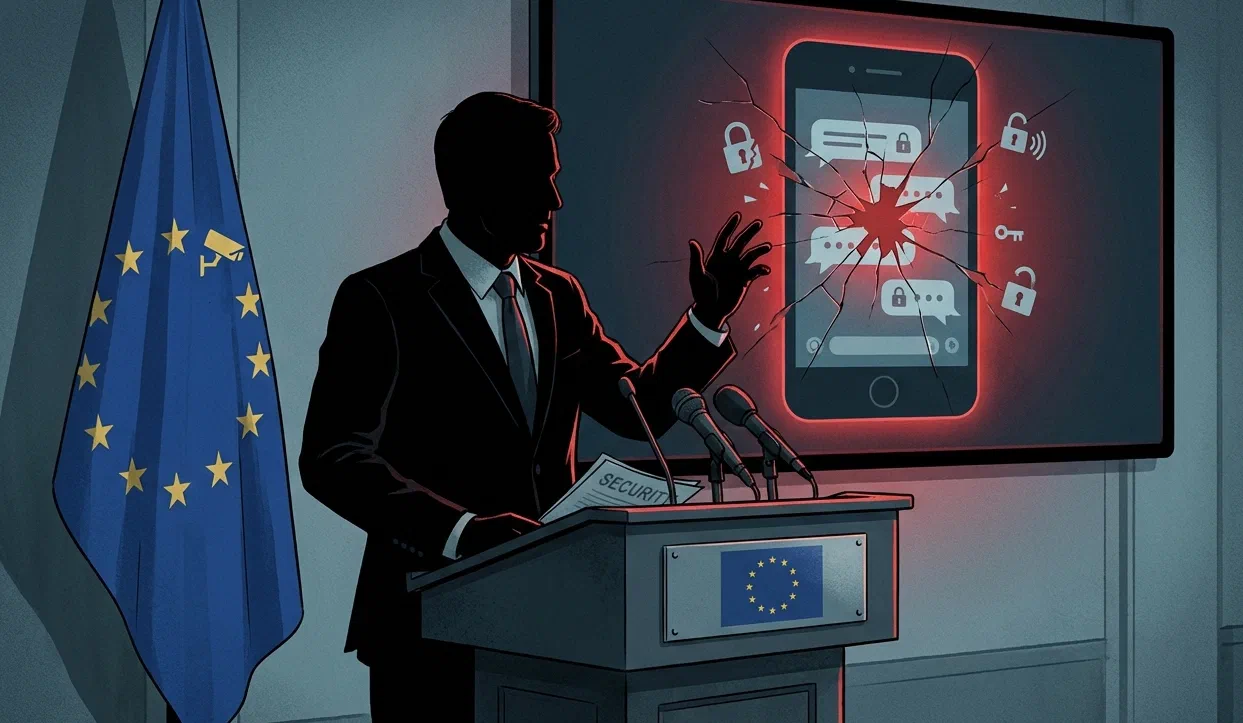 Tegning af en minister i silhuet ved en talerstol med EU-flag og EU-emblem. Bag ham viser en skærm en telefon med krakeleret glas, brudte hængelåse og beskedbobler, der lyser rødt.