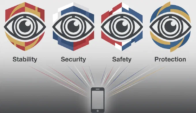 Fire ens øjensymboler på rad, hvert lagt i sit lands farver og mærket Stability, Security, Safety og Protection. Fra alle fire løber lysstråler ned i den samme smartphone nederst i billedet.