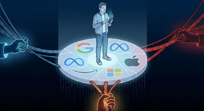 Tegning af en person med telefon, der står på en platform sammensat af logoerne fra Google, Meta, Amazon, Apple og Microsoft. Tre hænder trækker i tråde fæstnet til platformen: en blå fra venstre, en rød med hammer og segl fra højre, og en nedefra.