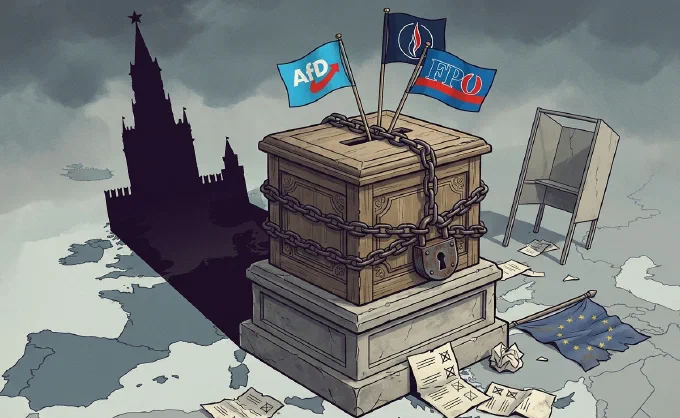 Tegning af en valgurne på en sokkel, lukket med kæde og hængelås. Op af den stikker tre flag med partilogoerne AfD og FPÖ. Fra venstre falder Kremls skygge hen over kortet; til højre ligger et EU-flag væltet mellem spredte stemmesedler.