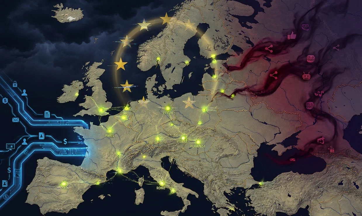 Satellitkort over Europa. Fra vest trænger blå kredsløbsspor med ikoner for data, penge og personer ind over kontinentet; fra øst vælter en rød tågesky med troll- og robotansigter ind. EU's stjernekrans står falmet over Nordeuropa.