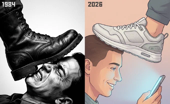 Todelt tegning. Til venstre, mærket 1984, presser en sort militærstøvle et forpint ansigt mod jorden i sort-hvid. Til højre, mærket 2026, hviler en hvid sneaker på hovedet af en smilende mand, der kigger ned i sin telefon.