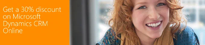 Microsofts banner “Get a 30% discount on Microsoft Dynamics CRM Online” med en smilende kvinde.
