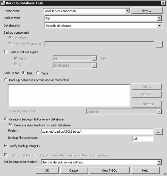 Back Up Database Task med Backup type Full, én backupfil pr. database på backupsharet og Verify backup integrity.