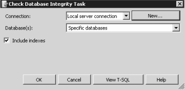 Check Database Integrity Task med Specific databases og Include indexes.