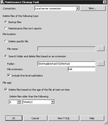 Maintenance Cleanup Task, der sletter bak-filer ældre end 8 uger.