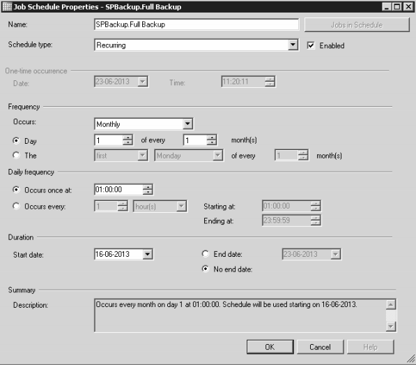 Tidsplanen for SPBackup.Full Backup: den 1. i hver måned kl. 01:00.