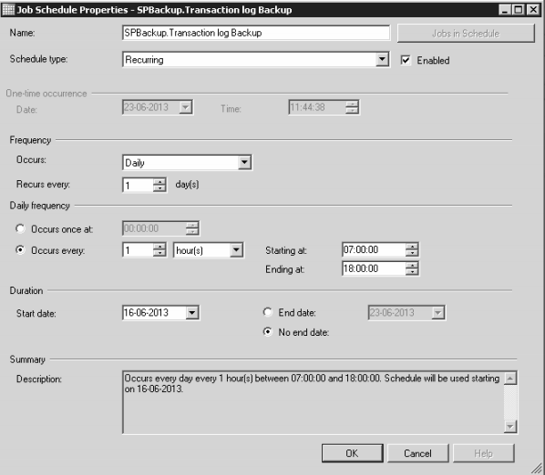 Tidsplanen for SPBackup.Transaction log Backup: hver time mellem 07:00 og 18:00.