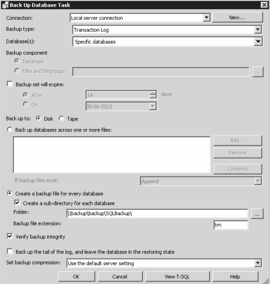 Back Up Database Task med Backup type Transaction Log og filtypen trn.