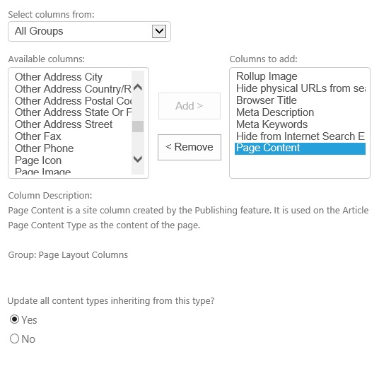 Dialogen til at tilføje kolonner til indholdstypen Page. Under “Columns to add” står Rollup Image, Hide physical URLs from search, Browser Title, Meta Description, Meta Keywords, Hide from Internet Search Engines og Page Content.