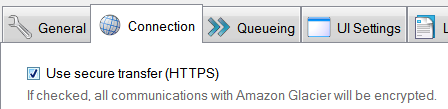 FastGlacier: Use secure transfer (HTTPS) er slået til under fanen Connection.
