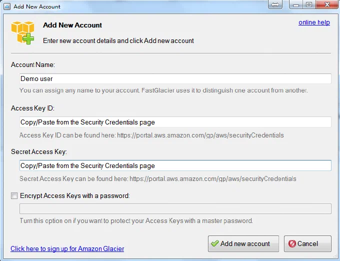 FastGlacier, Add New Account: felterne Account Name, Access Key ID og Secret Access Key med eksempeltekst.