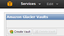 Amazon Glacier Vaults med knappen Create Vault.