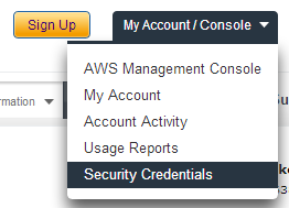 Menuen “My Account / Console” med Security Credentials markeret.