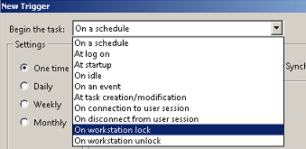Triggeren “On workstation lock” valgt i listen Begin the task.