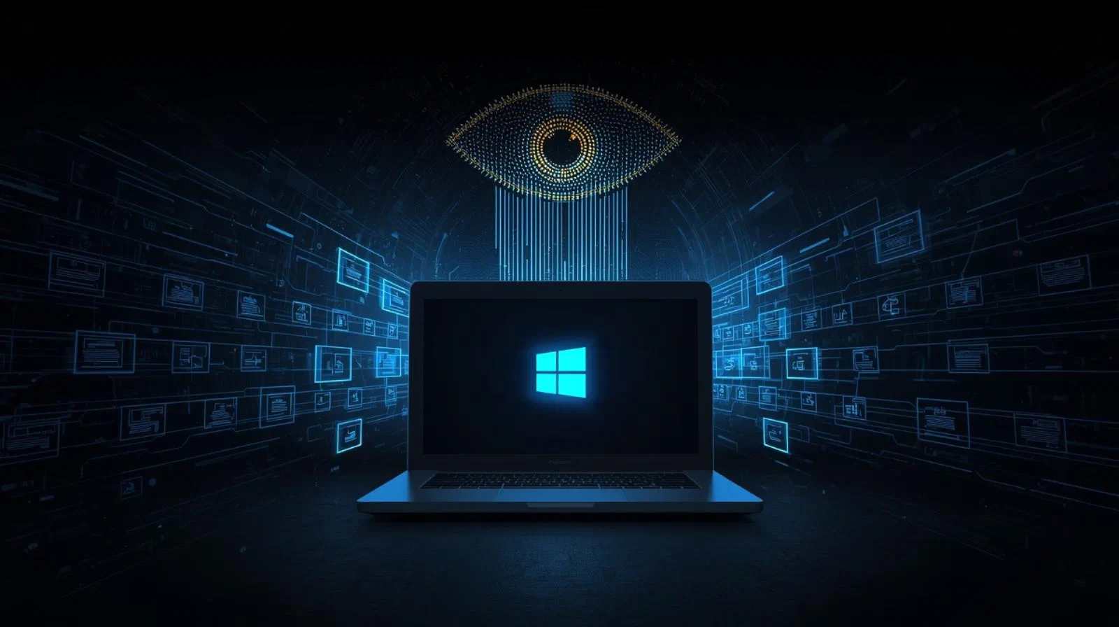 En bærbar med Windows-logoet på skærmen i et mørkt rum. Over den svæver et stort, prikket øje, og på begge sider flyder rækker af små skærmbilleder forbi.