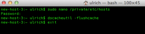 Terminal med kommandoerne sudo nano /private/etc/hosts, dscacheutil -flushcache og exit.