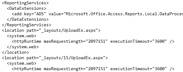 Udsnit af web.config med location-elementer for _layouts/UploadEx.aspx og _layouts/15/UploadEx.aspx, hvor httpRuntime har maxRequestLength=“2097151” og executionTimeout=“3600”.