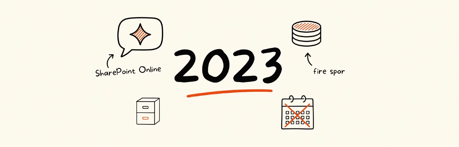 Skitse i sort tusch på lys baggrund: et stort "2023" understreget med rødt i midten, omkranset af små tegninger af en talebobel med en gnist, en møntstabel, et arkivskab og en overstreget kalender.