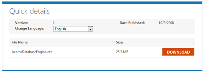 Downloadsiden for Data Connectivity Components med filen AccessDatabaseEngine.exe på 25,3 MB.
