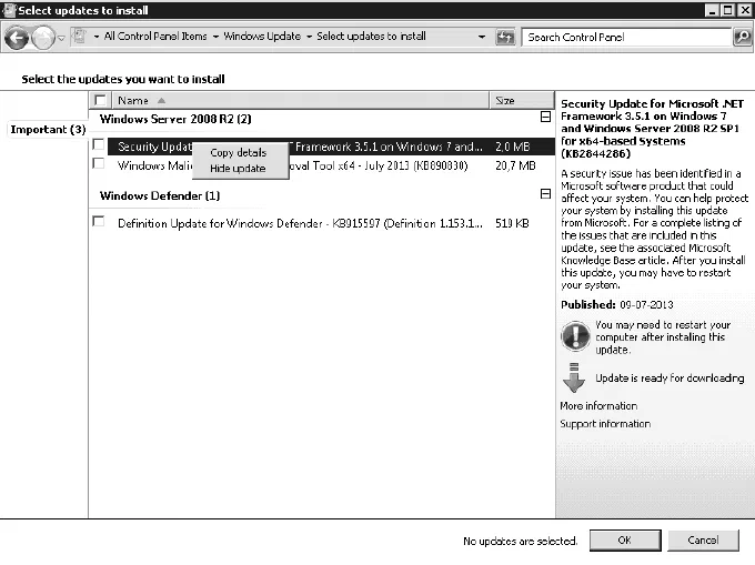 Windows Update med KB2844286 markeret og genvejsmenuen, hvor Hide update skjuler opdateringen.