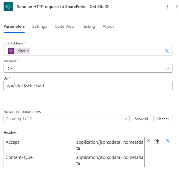 Send an HTTP request to SharePoint med _api/site?$select=Id og nometadata i begge headers.