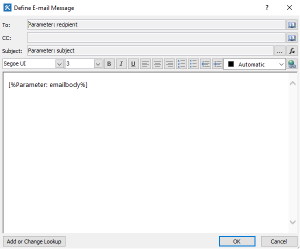 Send Email med parametrene i To, Subject og selve teksten.