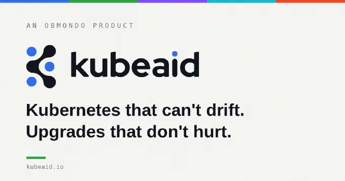 KubeAids logo med teksten “An Obmondo product” og sloganet “Kubernetes that can’t drift. Upgrades that don’t hurt.”