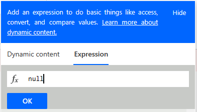 Værdien null skrives under Expression, så betingelsen ikke sammenligner med teksten “null”.