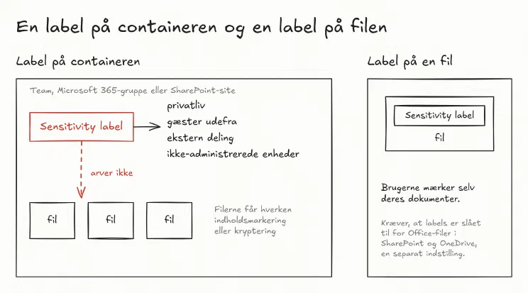 Tegning af to slags labels. Til venstre en sensitivity label på en container, som styrer privatliv, gæster udefra, ekstern deling og ikke-administrerede enheder, men som filerne i containeren ikke arver. Til højre en label på en enkelt fil, som brugerne selv sætter.