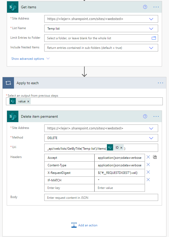 Flowet fra 2021: Get items, Apply to each og DELETE-kaldet, her med de to headere, der ikke er nødvendige.