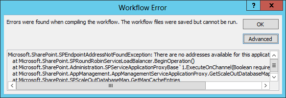 Dialogen Workflow Error fra SharePoint Designer med fejlen SPEndpointAddressNotFoundException og stakken under.