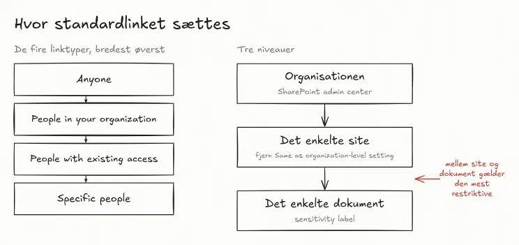 Tegning af de tre steder, standardlinket sættes. Organisationen er øverst, sitet kan afvige ved at fjerne Same as organization-level setting, og dokumentet kan have en label. Mellem site og dokument gælder den mest restriktive indstilling. Til venstre står de fire linktyper fra den bredeste til den mest begrænsede: Anyone, People in your organization, People with existing access og Specific people.
