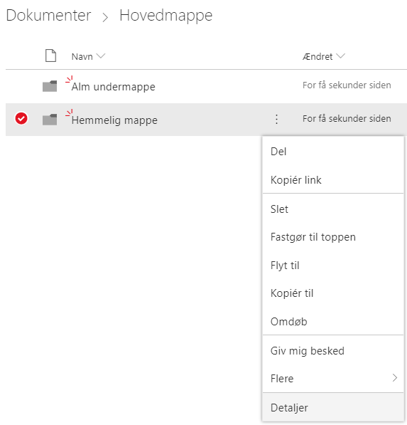 Mappens menu med Detaljer nederst.